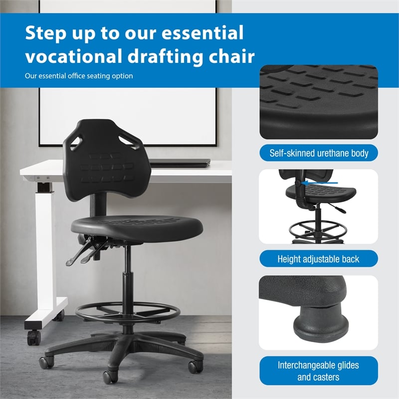 Black Self Skinned Urethane Drafting Chair with Adjustable Black Footrest