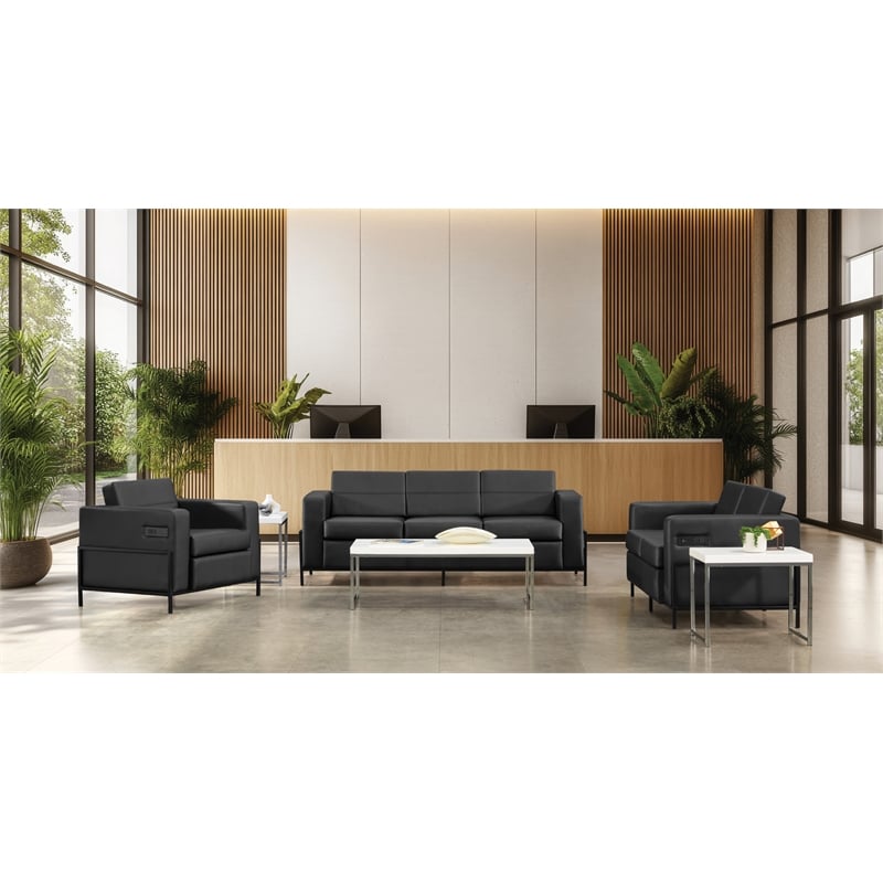 Arctic Armchair in Black Faux Leather Fabric Black Metal Finish Legs