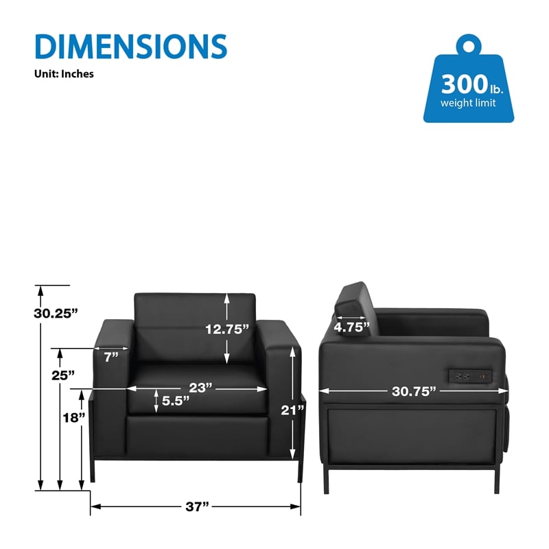 Arctic Armchair in Black Faux Leather Fabric Black Metal Finish Legs