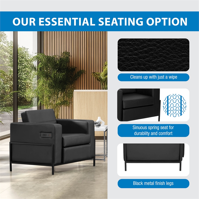 Arctic Armchair in Black Faux Leather Fabric Black Metal Finish Legs