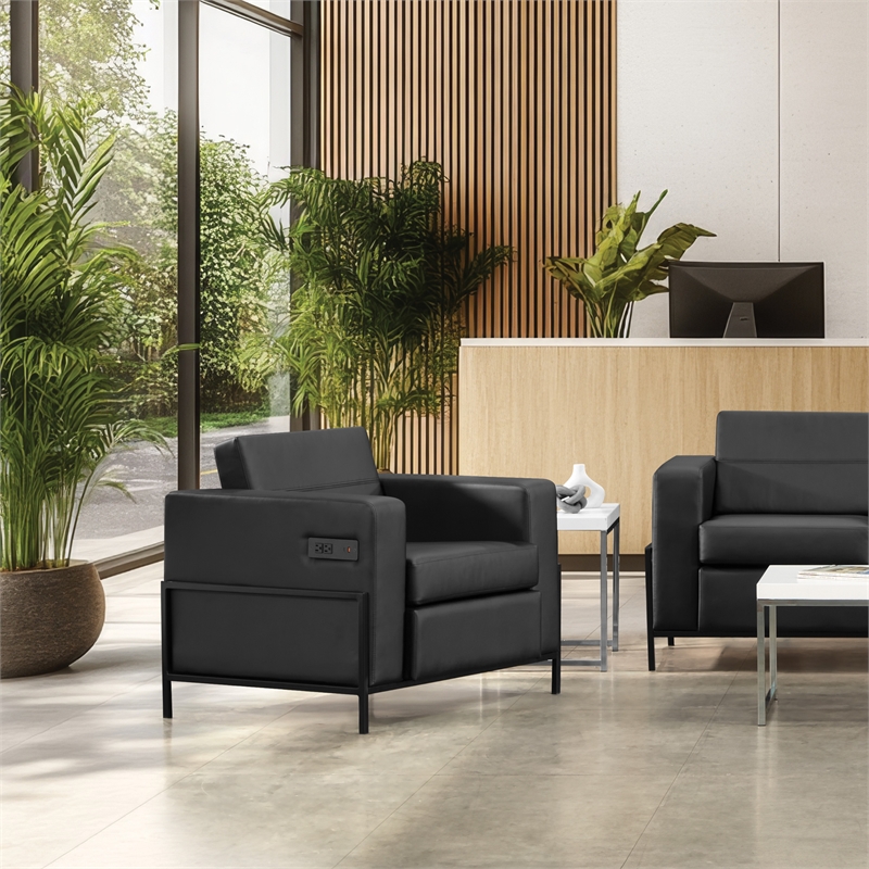 Arctic Armchair in Black Faux Leather Fabric Black Metal Finish Legs