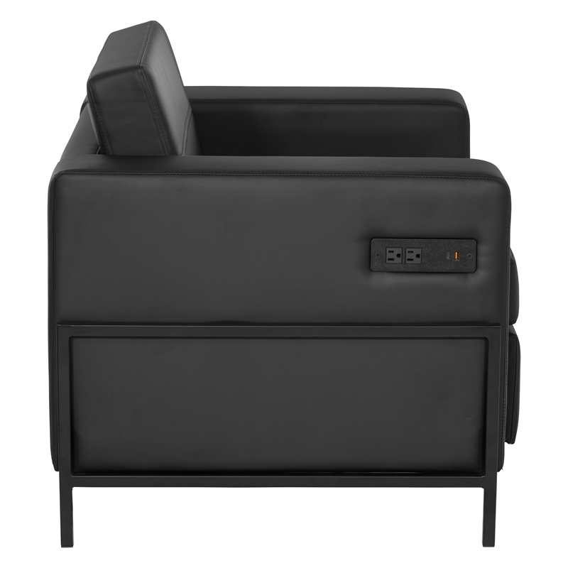 Arctic Armchair in Black Faux Leather Fabric Black Metal Finish Legs