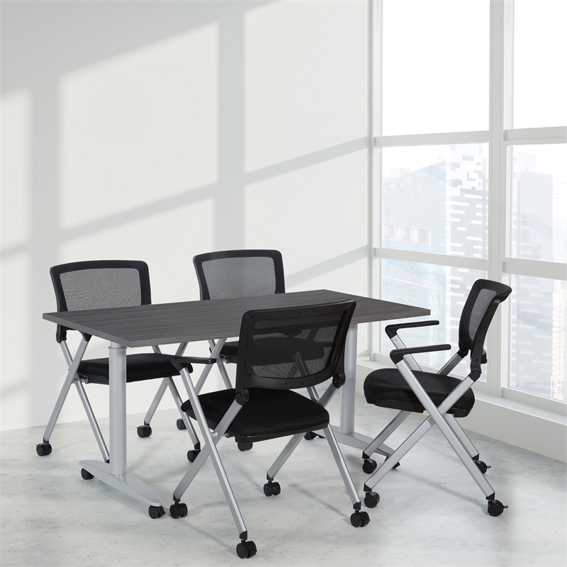 Flex Back Nesting Chair in Silver Finish and Black Mesh Fabric 2-Pack