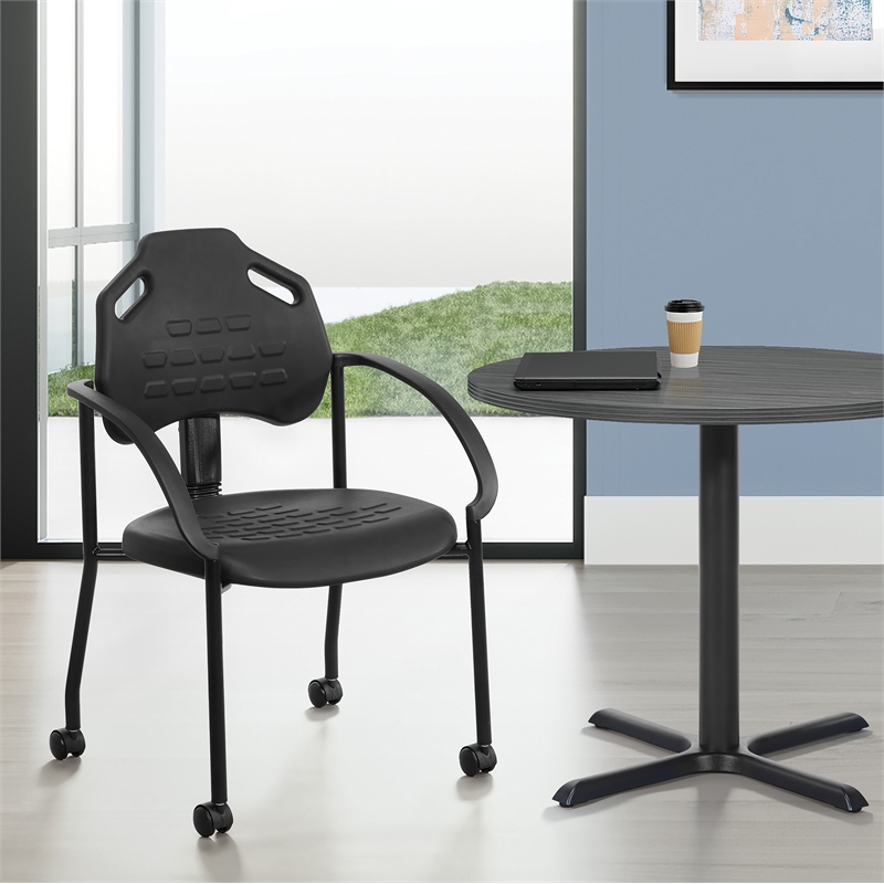 Black Self Skinned Urethane Guest Arm Chair in Black Finish Frame with Casters