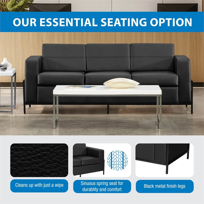 Arctic Sofa in Black Faux Leather Black Metal Finish Legs