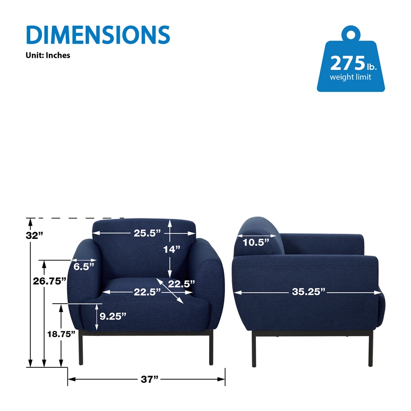Delta Armchair in Navy Fabric with Black Metal Legs