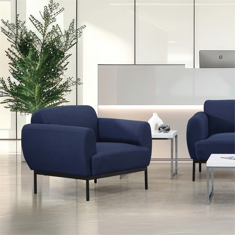 Delta Armchair in Navy Fabric with Black Metal Legs