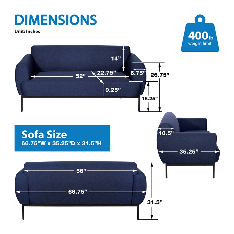 Delta Sofa in Navy Fabric with Black Metal Legs