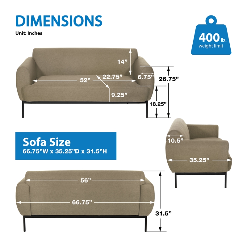 Delta Sofa in Taupe Fabric with Black Metal Legs