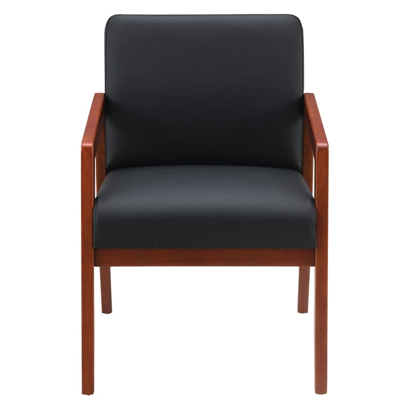 Back Faux Leather in Black with Cherry Finish Visitor s Chair