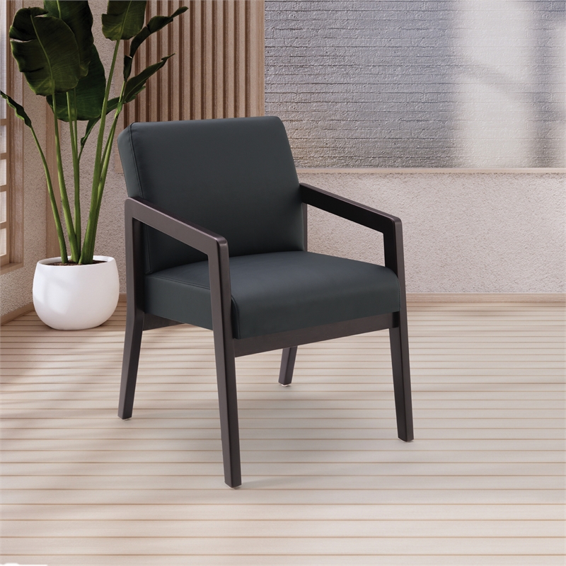 Back Faux Leather in Black with Espresso Finish Visitors Chair