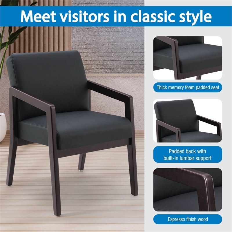 Back Faux Leather in Black with Espresso Finish Visitors Chair