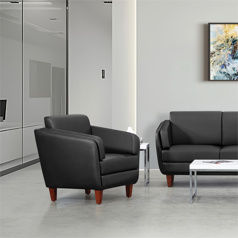 Black Faux Leather Club Chair with Cherry Leg Finish