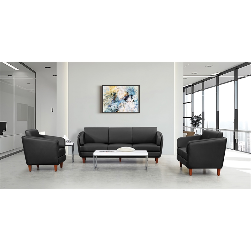 Black Faux Leather Club Chair with Cherry Leg Finish