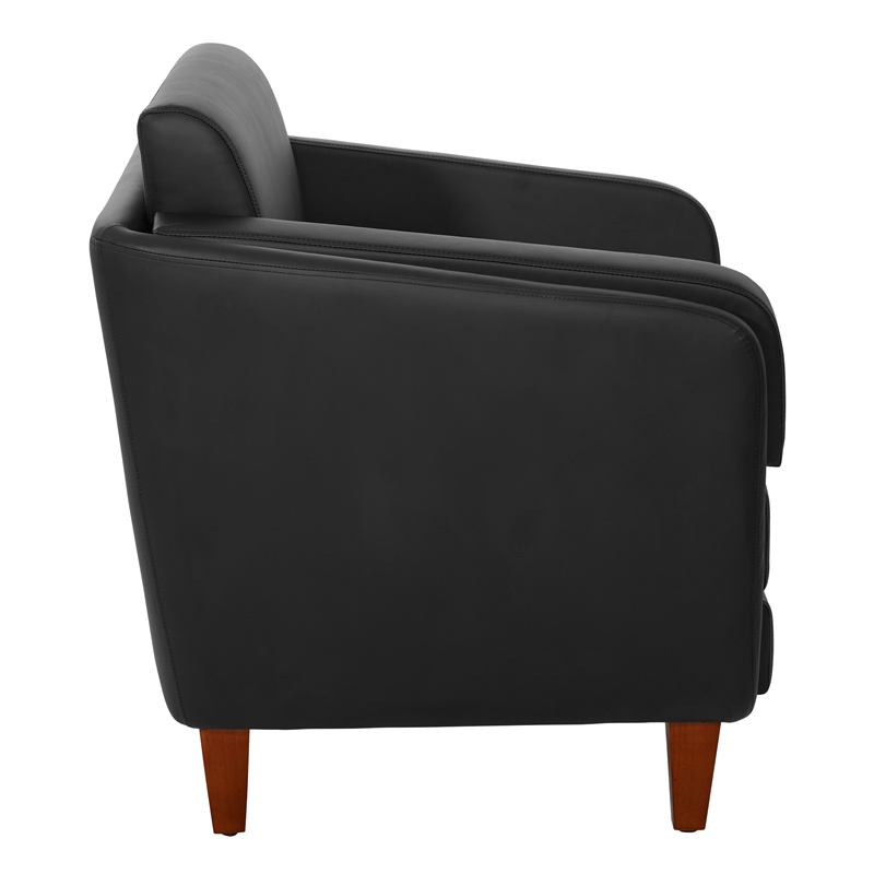 Black Faux Leather Club Chair with Cherry Leg Finish