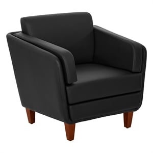 Black Faux Leather Club Chair with Cherry Leg Finish