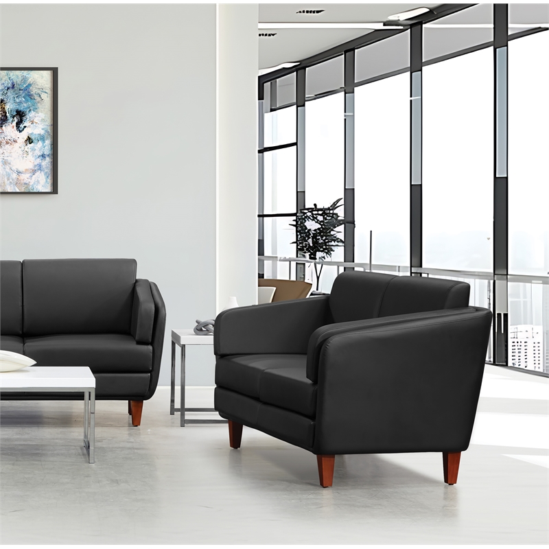 Black Faux Leather Loveseat with Cherry Leg Finish