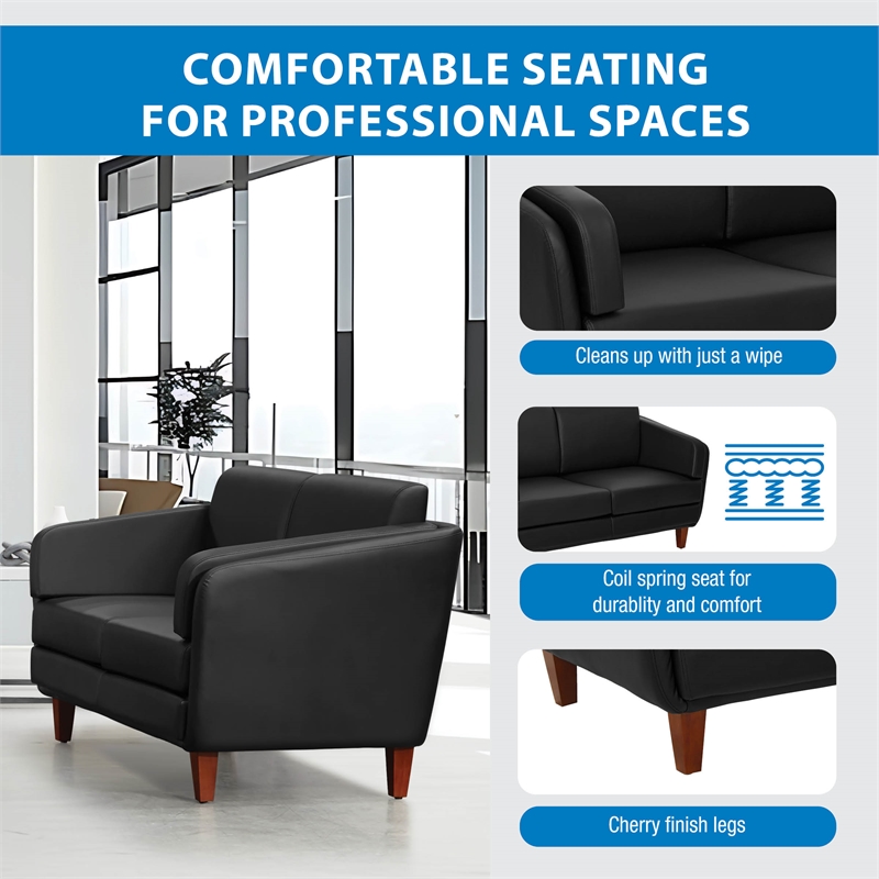 Black Faux Leather Loveseat with Cherry Leg Finish