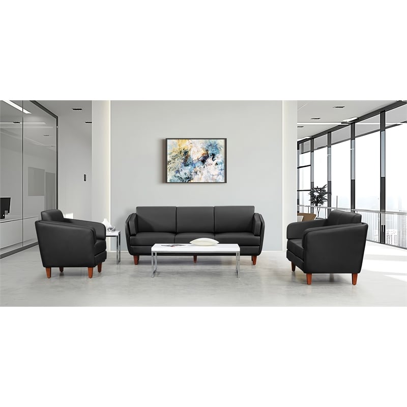 Black Faux Leather Loveseat with Cherry Leg Finish