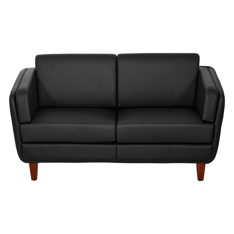 Black Faux Leather Loveseat with Cherry Leg Finish