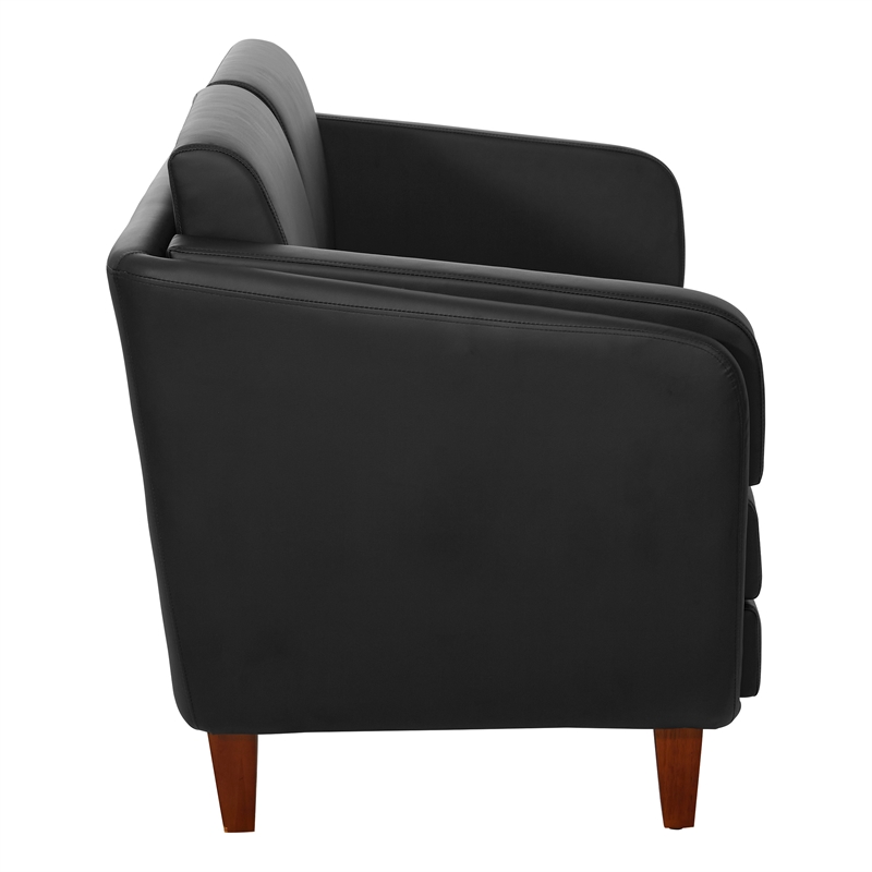 Black Faux Leather Loveseat with Cherry Leg Finish