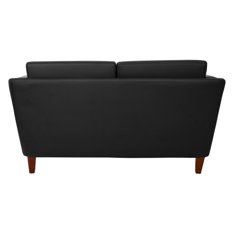 Black Faux Leather Loveseat with Cherry Leg Finish