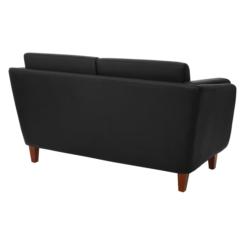 Black Faux Leather Loveseat with Cherry Leg Finish
