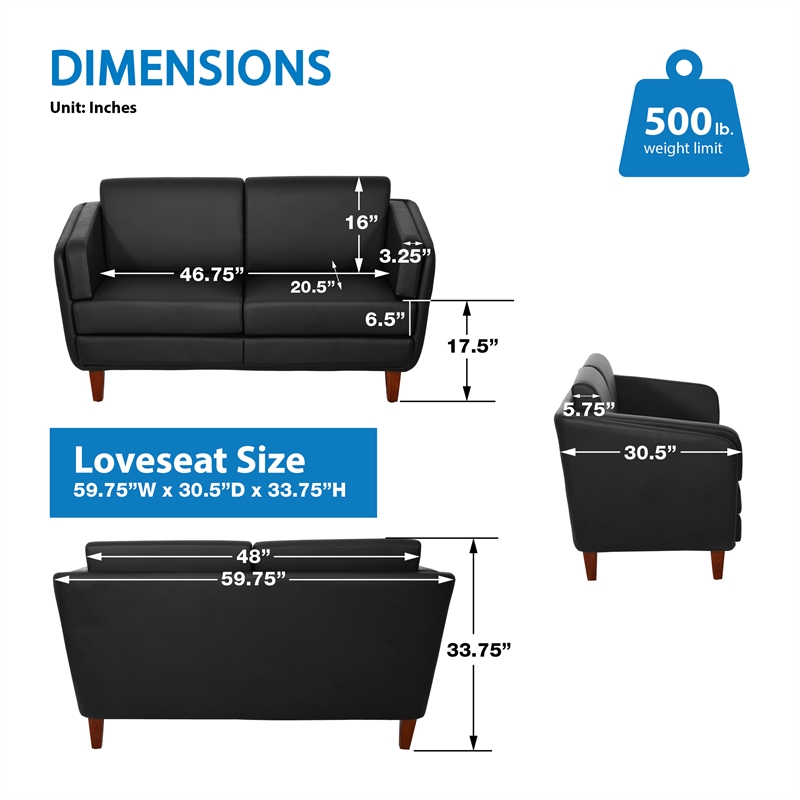 Black Faux Leather Loveseat with Cherry Leg Finish