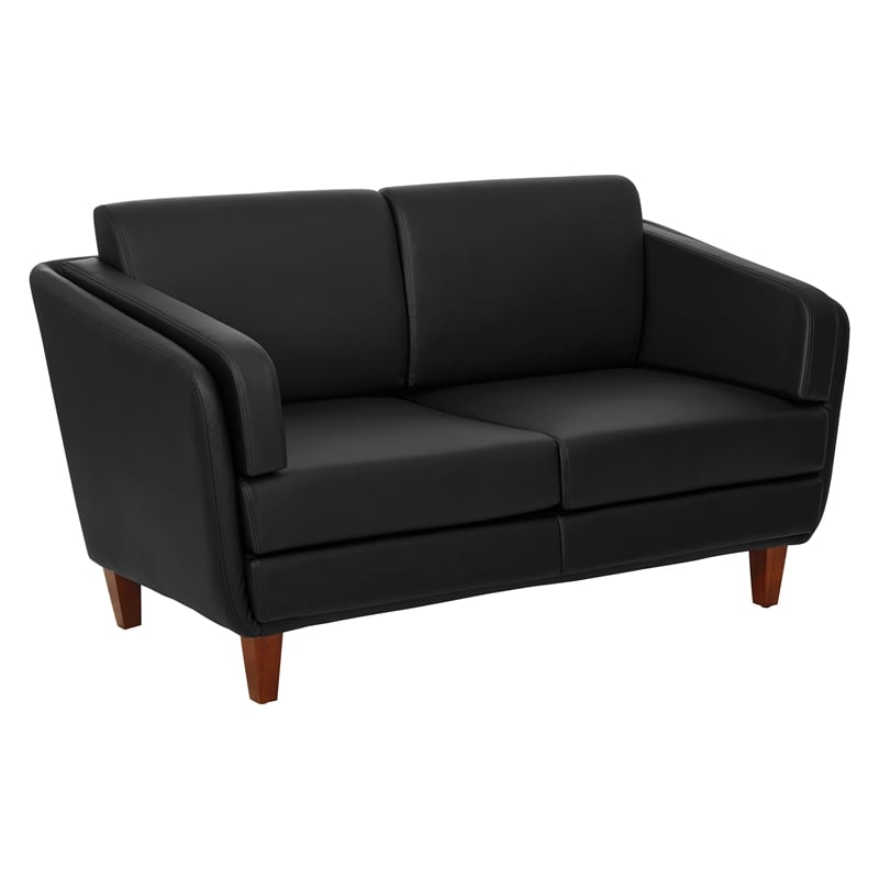 Black Faux Leather Loveseat with Cherry Leg Finish