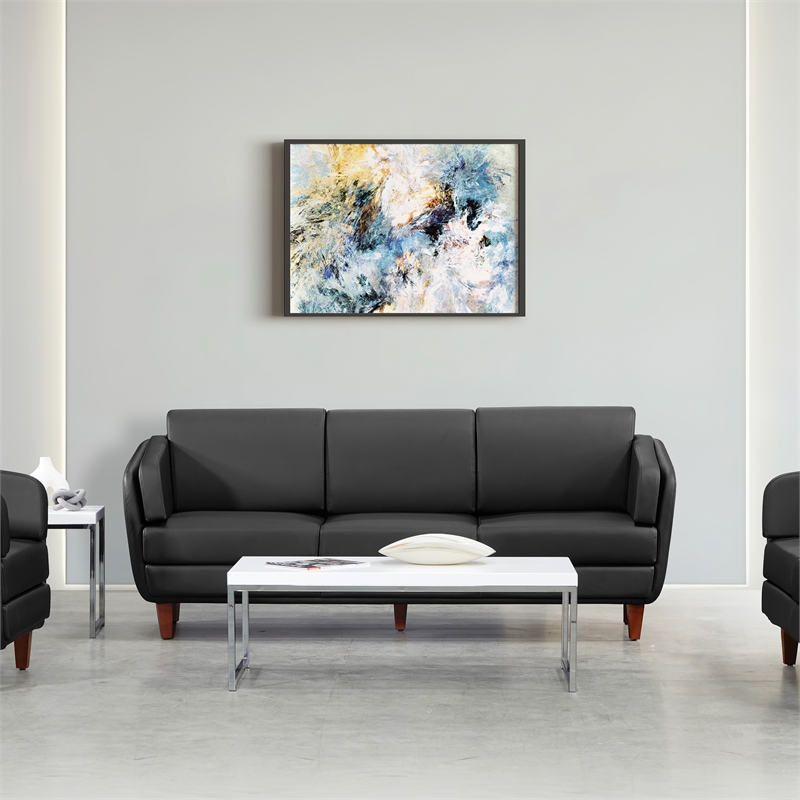 Black Faux Leather Sofa with Cherry Leg Finish