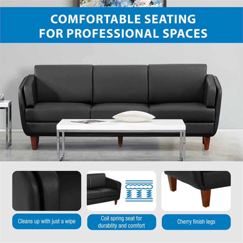 Black Faux Leather Sofa with Cherry Leg Finish