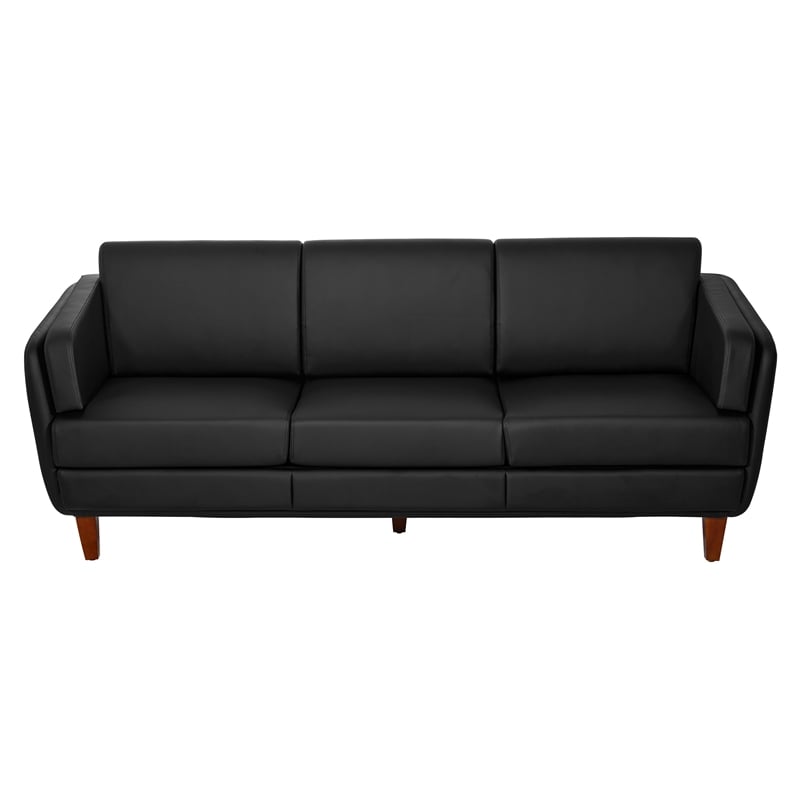 Black Faux Leather Sofa with Cherry Leg Finish