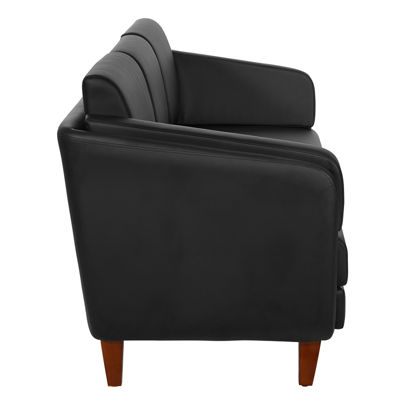 Black Faux Leather Sofa with Cherry Leg Finish