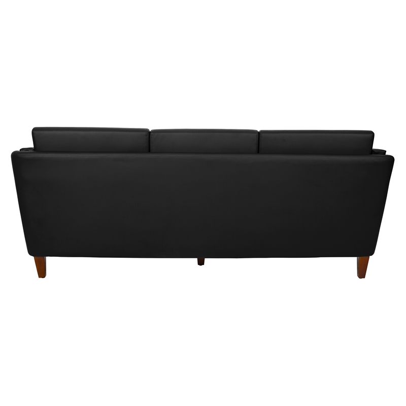 Black Faux Leather Sofa with Cherry Leg Finish