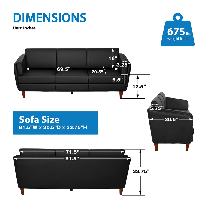 Black Faux Leather Sofa with Cherry Leg Finish