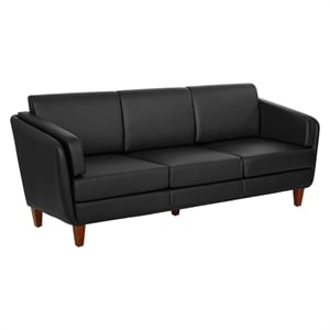 Black Faux Leather Sofa with Cherry Leg Finish