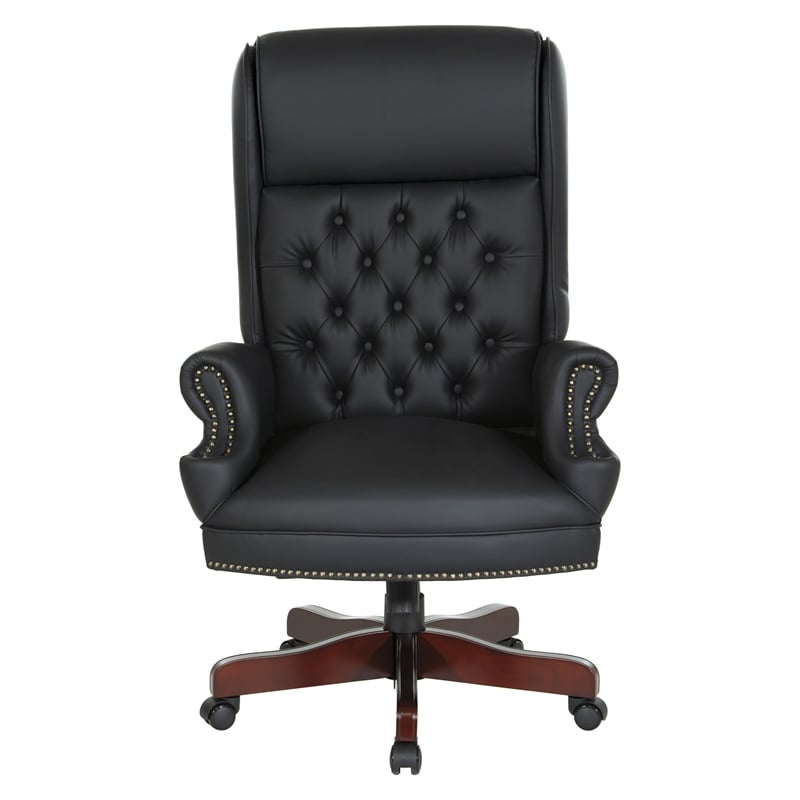 Traditional Executive Chair in Black Vinyl with Royal Cherry Finish Base