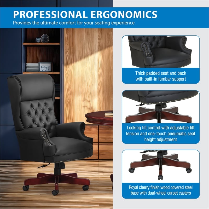 Traditional Executive Chair in Black Vinyl with Royal Cherry Finish Base