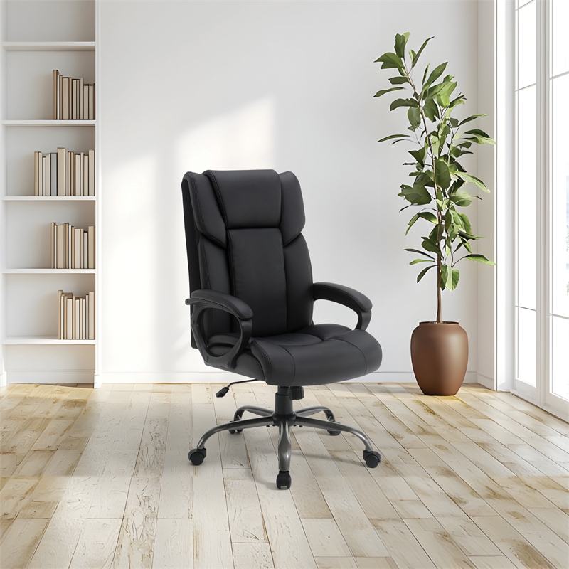 High-Back in Black Faux Leather Executive Chair with Padded Arms and Titanium Metal Base