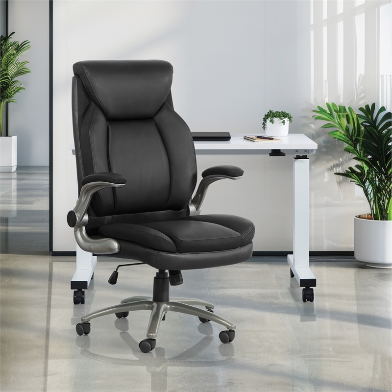 Black Leather Big & Tall Chair with Padded Flip Arms and Titanium Base
