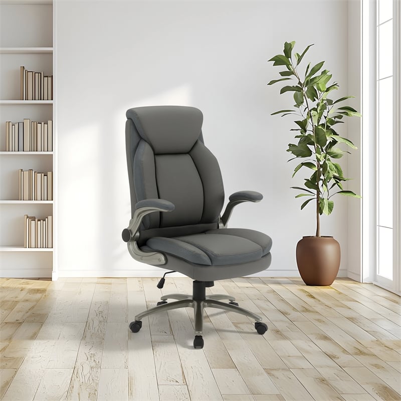 Grey Leather Big & Tall Chair with Padded Flip Arms and Titanium Base in Gray