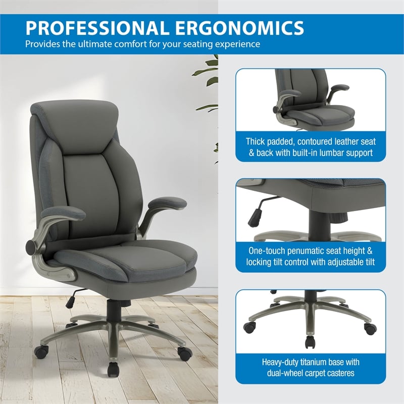 Grey Leather Big & Tall Chair with Padded Flip Arms and Titanium Base in Gray