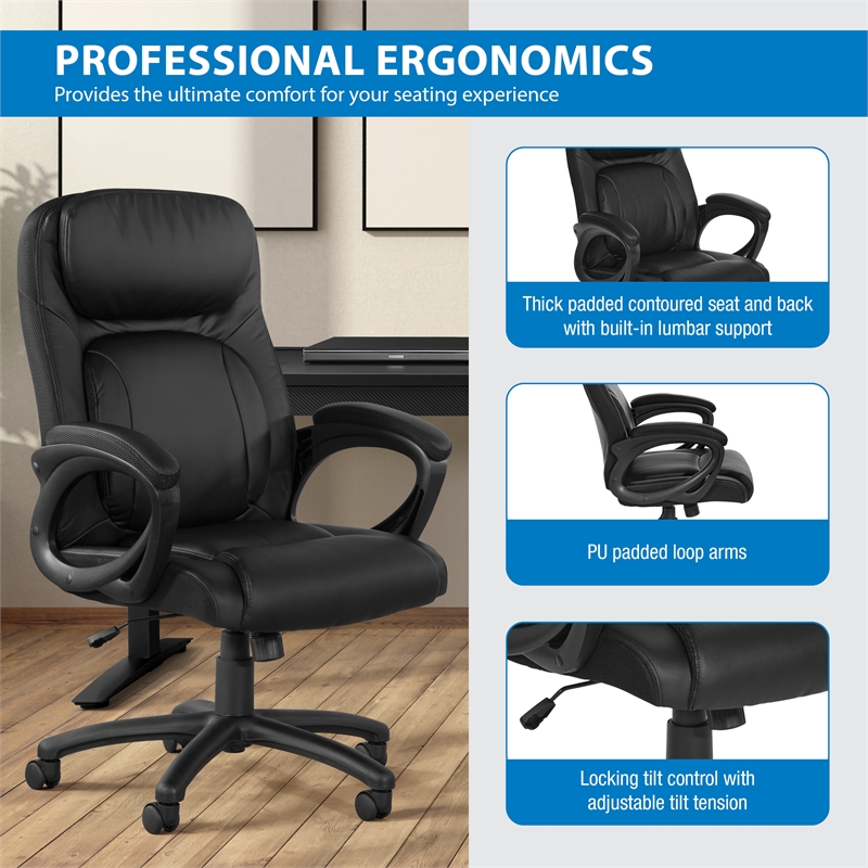 Black Faux Leather Managers Chair with Padded Arms and Black Nylon Base
