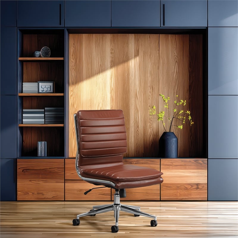 Armless Mid Back Manager s Faux Leather Chair in Saddle Brown with Chrome Base.