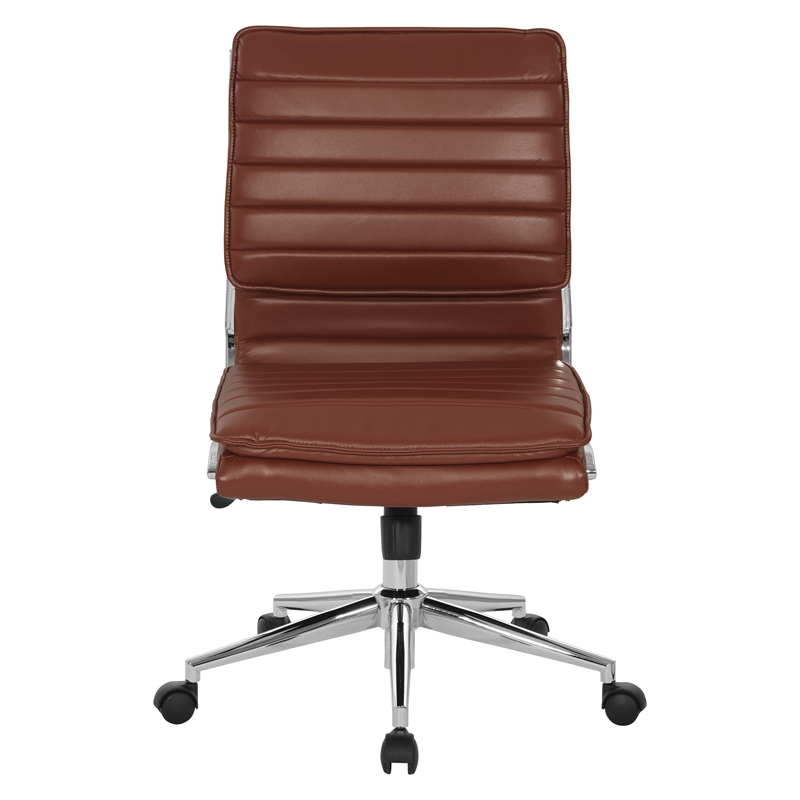 Armless Mid Back Manager s Faux Leather Chair in Saddle Brown with Chrome Base.