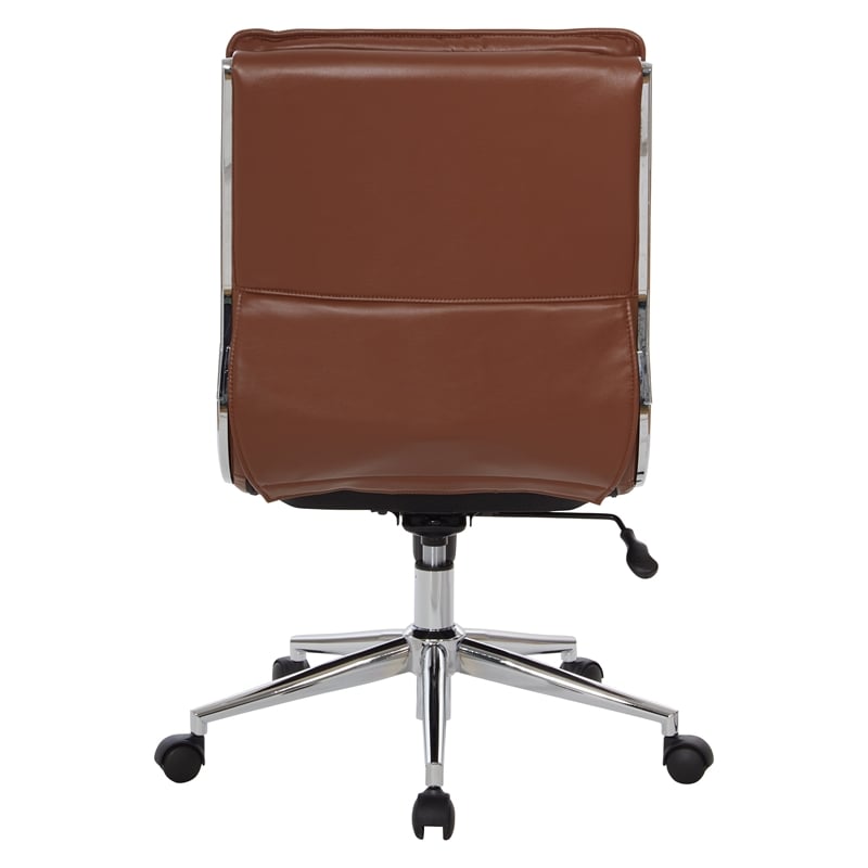 Armless Mid Back Manager s Faux Leather Chair in Saddle Brown with Chrome Base.