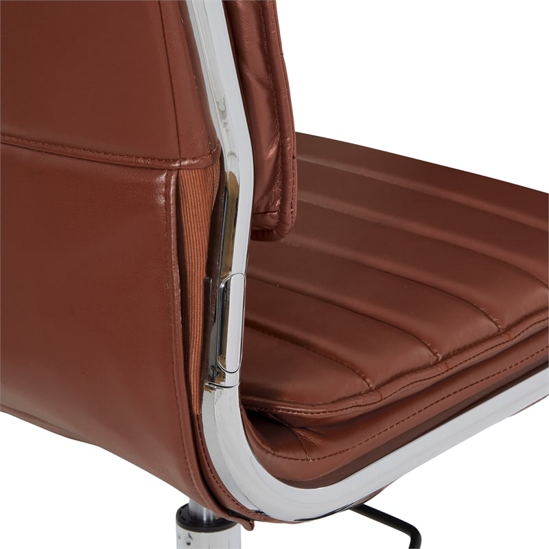 Armless Mid Back Manager s Faux Leather Chair in Saddle Brown with Chrome Base.
