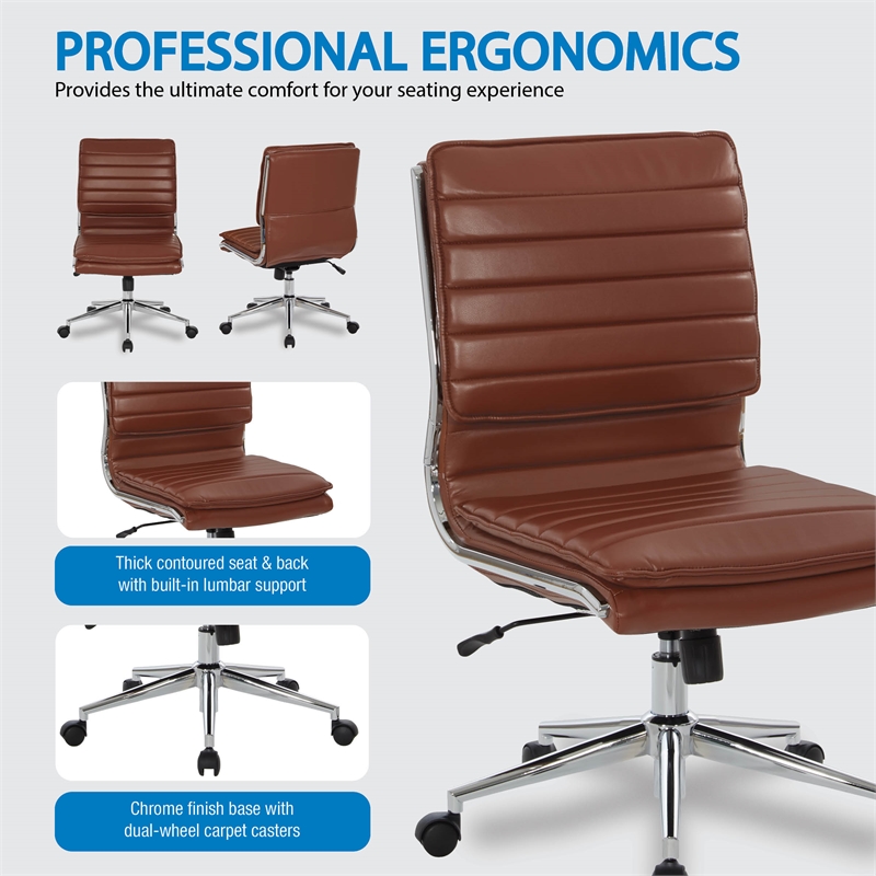 Armless Mid Back Manager s Faux Leather Chair in Saddle Brown with Chrome Base.