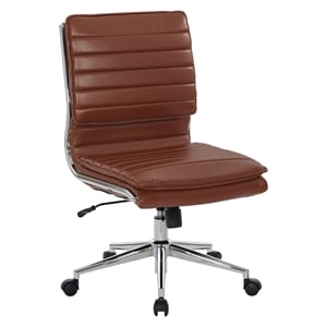 Armless Mid Back Manager s Faux Leather Chair in Saddle Brown with Chrome Base.