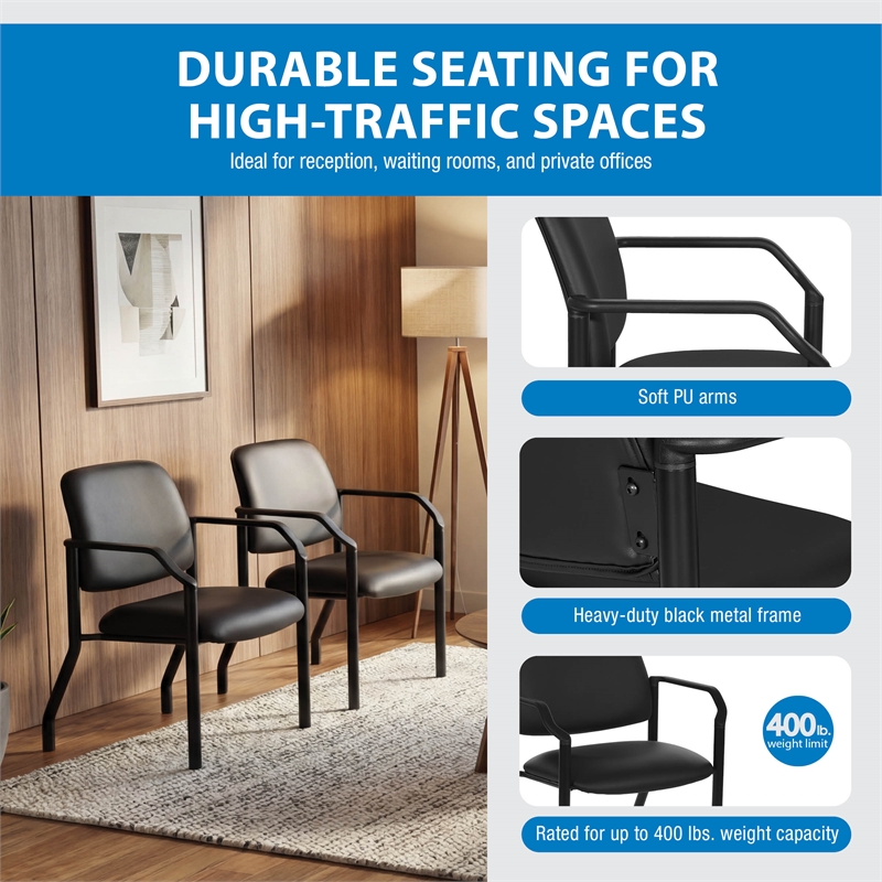 Big & Tall Guest Chair in Black Faux Leather with soft PU Arms  Sturdy Black Metal Chair